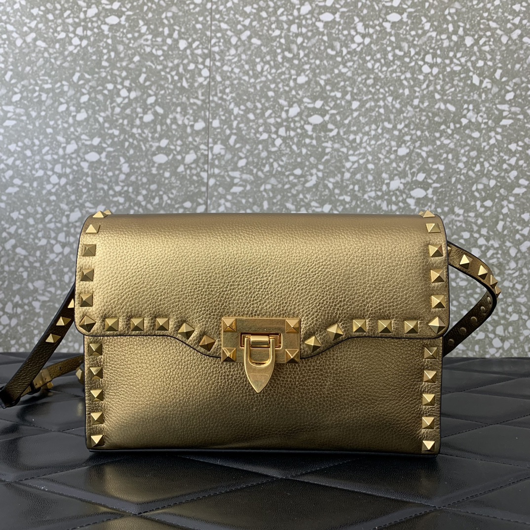 Valentino Garavani Rockstud Crossbody Bag in Gold Grainy Calfskin